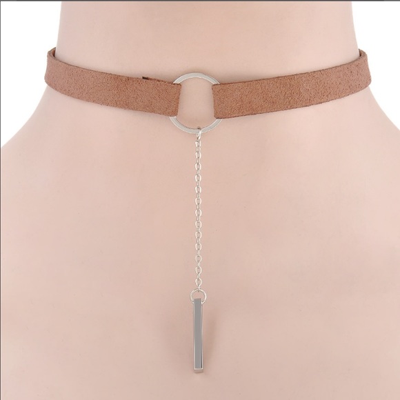 Brown Faux Leather Choker with Bar Pendant - Picture 2 of 7